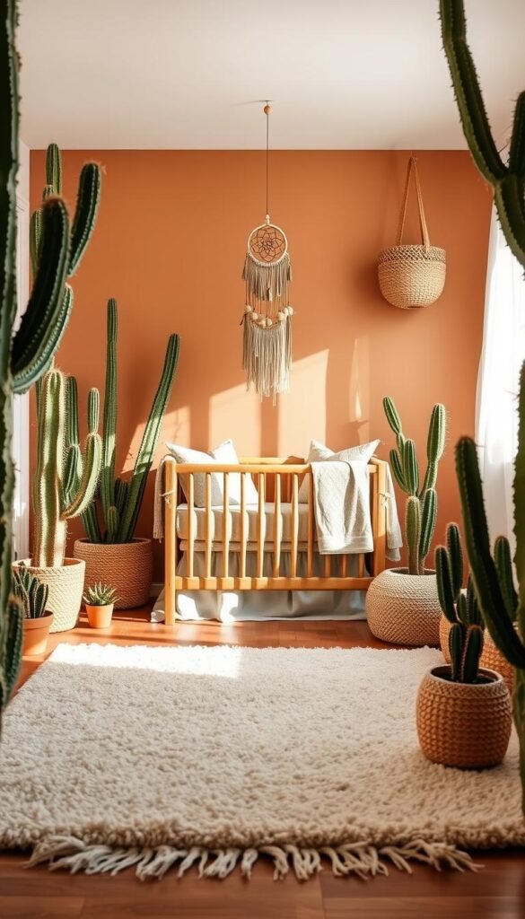 A cozy desert-inspired nursery with an earthy color palette. In the foreground, a plush, neutral-toned rug covers the hardwood floor, inviting little feet to explore. Framing the space, tall cacti and potted succulents create a natural, arid ambiance. Midground, a wooden crib with woven accents sits beneath a dreamcatcher-inspired mobile, casting soft shadows. The walls are painted in a warm, terracotta hue, complemented by textured throw pillows and a woven hanging basket. Soft, diffused lighting filters through sheer curtains, evoking a serene, sun-dappled atmosphere. Overall, the scene exudes a calming, organic feel that perfectly suits a cozy, boho-inspired nursery. A cozy desert-inspired nursery with an earthy color palette. In the foreground, a plush, neutral-toned rug covers the hardwood floor, inviting little feet to explore. Framing the space, tall cacti and potted succulents create a natural, arid ambiance. Midground, a wooden crib with woven accents sits beneath a dreamcatcher-inspired mobile, casting soft shadows. The walls are painted in a warm, terracotta hue, complemented by textured throw pillows and a woven hanging basket. Soft, diffused lighting filters through sheer curtains, evoking a serene, sun-dappled atmosphere. Overall, the scene exudes a calming, organic feel that perfectly suits a cozy, boho-inspired nursery.