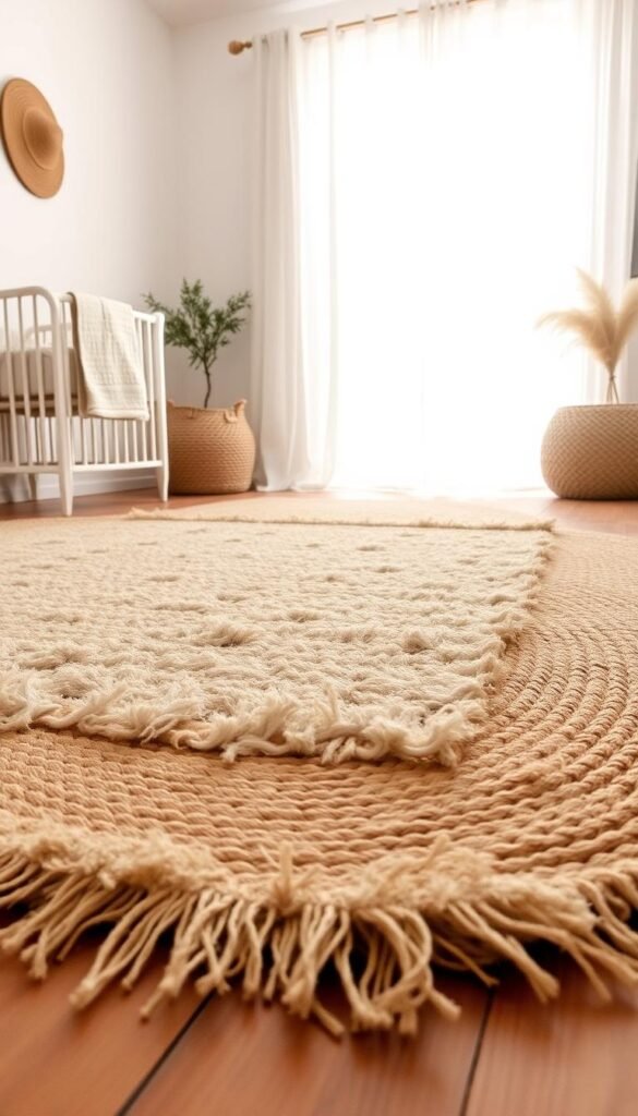 A cozy, inviting boho nursery with layered natural fiber rugs in neutral tones. In the foreground, a plush, woven jute rug covers the wooden floor, its organic texture and earthy hues creating a serene foundation. Atop it, a softly fringed, beige shag rug adds depth and visual interest. In the middle ground, a neutral-toned, low-pile woven rug with subtle geometric patterns complements the natural elements. Soft, indirect lighting filters through sheer curtains, casting a warm, calming glow over the space. The overall atmosphere is one of tranquility and understated elegance, perfectly suited for a peaceful nursery retreat. A cozy, inviting boho nursery with layered natural fiber rugs in neutral tones. In the foreground, a plush, woven jute rug covers the wooden floor, its organic texture and earthy hues creating a serene foundation. Atop it, a softly fringed, beige shag rug adds depth and visual interest. In the middle ground, a neutral-toned, low-pile woven rug with subtle geometric patterns complements the natural elements. Soft, indirect lighting filters through sheer curtains, casting a warm, calming glow over the space. The overall atmosphere is one of tranquility and understated elegance, perfectly suited for a peaceful nursery retreat.