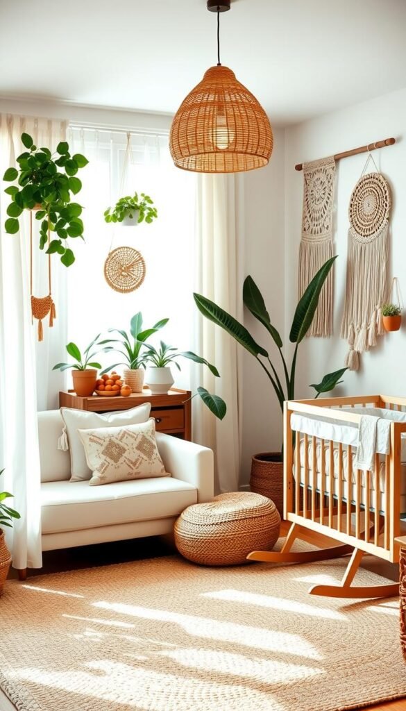 A cozy modern boho nursery for a baby boy, bathed in soft natural light filtering through sheer curtains. A woven area rug anchors the space, complemented by a plush ivory sofa and a mid-century wooden rocking chair. Lush potted plants, macrame wall hangings, and earthy terracotta accents create a serene, organic ambiance. A wooden changing table with rattan baskets stands in the corner, while a minimalist crib is adorned with a tufted neutral-toned quilt. Warm lighting from a rattan pendant lamp casts a gentle glow, evoking a tranquil, nature-inspired haven for the little one. A cozy modern boho nursery for a baby boy, bathed in soft natural light filtering through sheer curtains. A woven area rug anchors the space, complemented by a plush ivory sofa and a mid-century wooden rocking chair. Lush potted plants, macrame wall hangings, and earthy terracotta accents create a serene, organic ambiance. A wooden changing table with rattan baskets stands in the corner, while a minimalist crib is adorned with a tufted neutral-toned quilt. Warm lighting from a rattan pendant lamp casts a gentle glow, evoking a tranquil, nature-inspired haven for the little one.