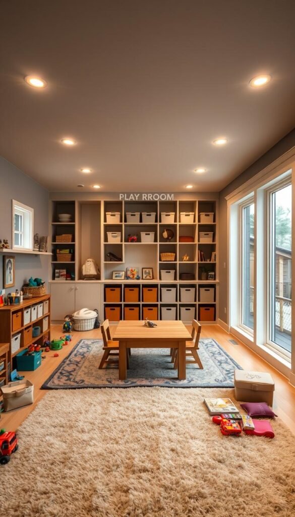 A cozy, multi-purpose under-stairs playroom. The foreground features a plush, colorful rug, with a variety of toys and books scattered around. In the middle ground, a wooden play table and chairs invite children to engage in imaginative activities. The background showcases a built-in shelving unit, neatly organizing storage bins and display items. Soft, warm lighting from recessed ceiling fixtures creates a welcoming ambiance, while large windows allow natural light to fill the space. The overall layout is designed to maximize the available space, offering a practical and inviting retreat for young adventurers.