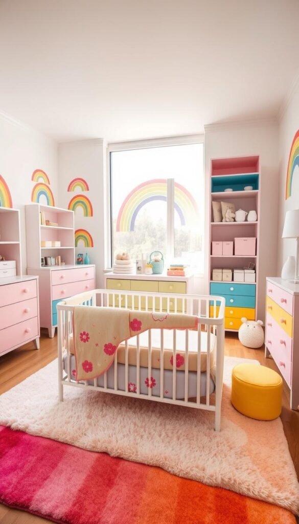 A cozy rainbow-themed nursery with a cheerful and vibrant color palette. In the foreground, a plush, multicolored crib with whimsical floral and cloud motifs sits upon a soft, ombre rug. Surrounding it, a set of coordinating dressers, shelves, and storage units in pastel hues of pink, blue, yellow, and green, creating a cohesive and visually appealing arrangement. The middle ground features a large, airy window allowing natural light to flood the space, casting a warm, ethereal glow. In the background, the walls are adorned with playful, hand-painted rainbow decals, adding to the playful and joyful atmosphere. The entire scene is captured with a wide-angle lens, emphasizing the depth and harmonious integration of the colorful furniture pieces.