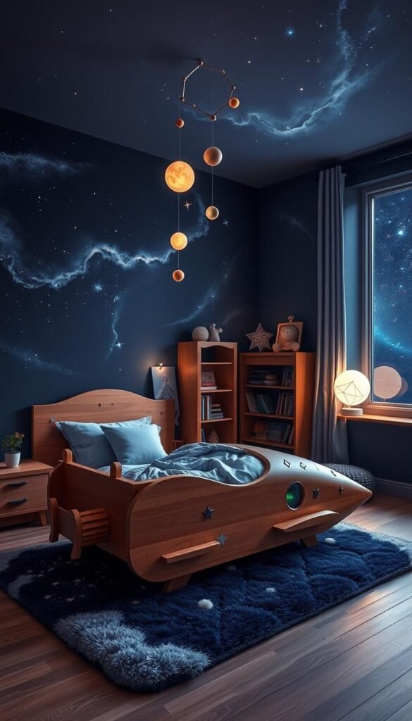 A cozy, space-themed toddler's bedroom. In the foreground, a wooden rocketship-shaped bed, adorned with glow-in-the-dark stars and planets. Floating above it, a mobile of moons and asteroids. In the middle ground, a fluffy galaxy-patterned rug, and a bookshelf stocked with space-themed storybooks. The walls are painted a deep midnight blue, with iridescent nebulae swirling across them. Soft, diffused lighting emanates from a constellation-shaped lamp in the corner, creating a serene, otherworldly atmosphere. In the background, a large window offers a view of the endless starry sky beyond.