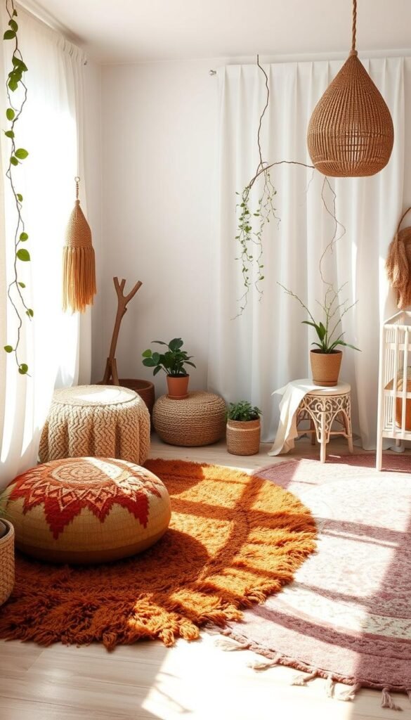 A cozy, sun-dappled boho nursery, featuring a plush, layered arrangement of textured rugs in varying shades of terracotta, ochre, and dusty rose. Geometric and floral patterns intertwine, creating a harmonious, earthy tapestry underfoot. Soft natural light filters through sheer curtains, casting a warm, inviting glow. The rugs are carefully positioned to create a sense of depth and visual interest, drawing the eye towards the center of the frame. Wisps of trailing vines and potted plants add a touch of organic elegance, completing the soothing, bohemian ambiance.