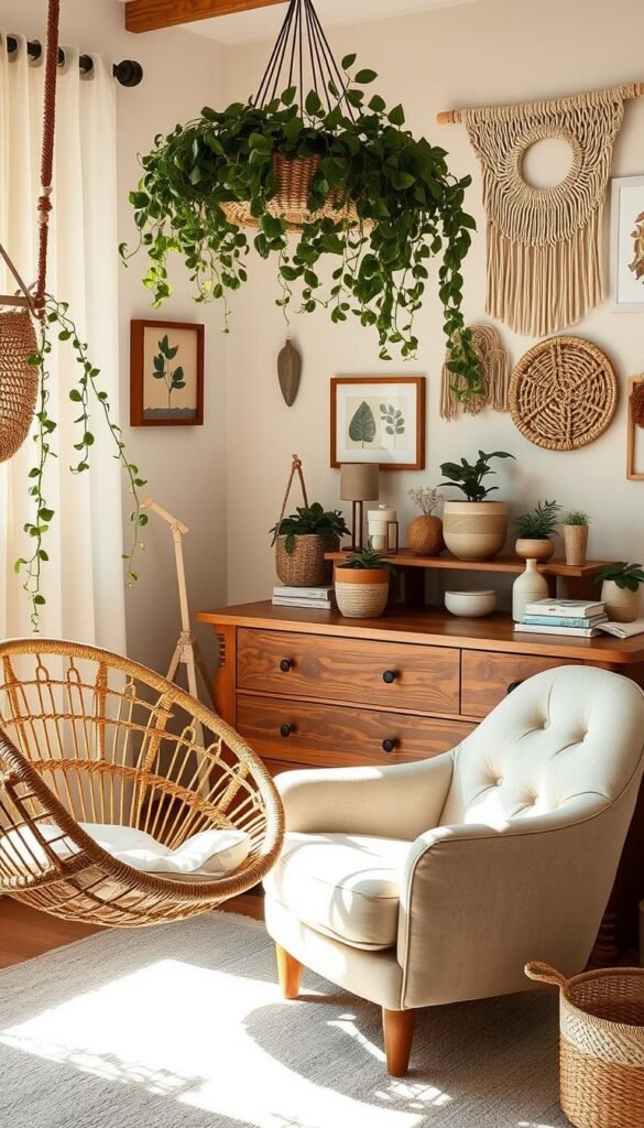 A cozy, sun-drenched boy's nursery filled with natural textures and organic elements. In the foreground, a woven rattan hanging chair sways gently, its supple curves and earthy tones complementing the plush, tufted linen armchair beside it. Across the room, a solid wood dresser anchors the space, its rustic grain and simple design evoking a laid-back, bohemian vibe. On the shelves, ceramic planters hold trailing vines and lush greenery, their muted hues and matte finishes adding to the nurturing, nature-inspired ambiance. Overhead, a macrame plant hanger cascades with verdant foliage, its delicate strands casting soft, dappled shadows. The walls are adorned with a mix of framed botanical prints and woven wall hangings, their earthy tones and organic textures tying the room together in a cohesive, soothing harmony. The lighting is warm and diffused, creating a cocooning, cozy atmosphere perfect for a little one's retreat. A cozy, sun-drenched boy's nursery filled with natural textures and organic elements. In the foreground, a woven rattan hanging chair sways gently, its supple curves and earthy tones complementing the plush, tufted linen armchair beside it. Across the room, a solid wood dresser anchors the space, its rustic grain and simple design evoking a laid-back, bohemian vibe. On the shelves, ceramic planters hold trailing vines and lush greenery, their muted hues and matte finishes adding to the nurturing, nature-inspired ambiance. Overhead, a macrame plant hanger cascades with verdant foliage, its delicate strands casting soft, dappled shadows. The walls are adorned with a mix of framed botanical prints and woven wall hangings, their earthy tones and organic textures tying the room together in a cohesive, soothing harmony. The lighting is warm and diffused, creating a cocooning, cozy atmosphere perfect for a little one's retreat.