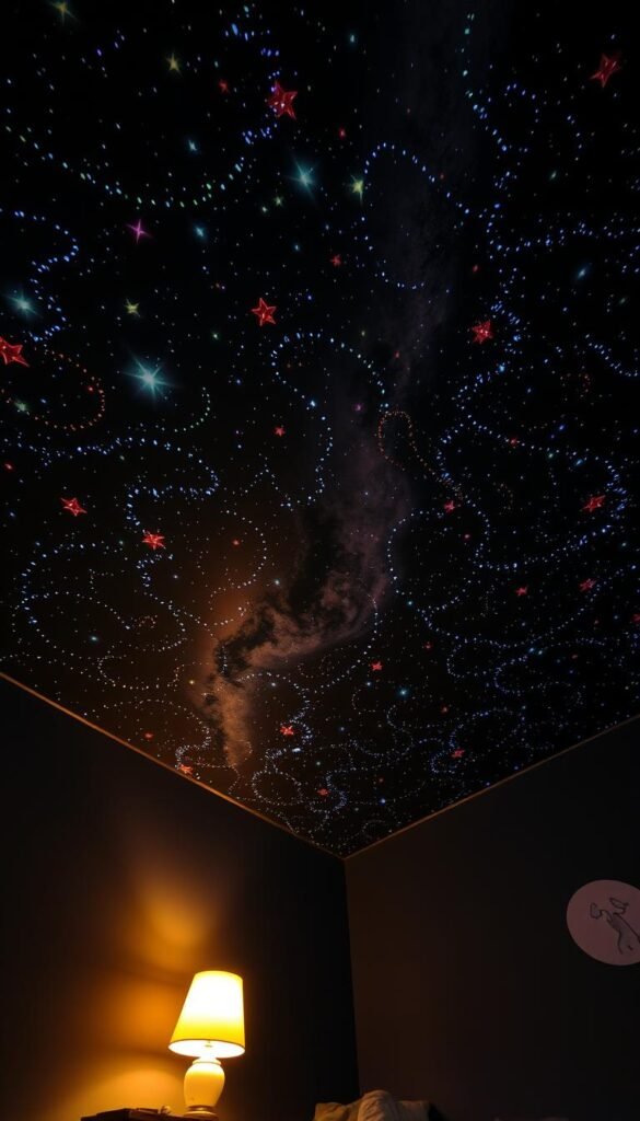 A cozy toddler's bedroom, the ceiling ablaze with a mesmerizing display of glow-in-the-dark stars. Milky Way galaxies and cosmic nebulae dance across the dark expanse, casting a soft, ethereal glow that bathes the room in a dreamlike ambiance. Delicate luminescent trails weave intricate patterns, as if the very heavens have descended to create a magical, celestial wonderland. Warm lighting from a nearby table lamp casts a gentle, inviting radiance, complementing the ethereal celestial display above. The scene is captured through a wide-angle lens, framing the magical space in its entirety, inviting the viewer to gaze upwards and lose themselves in the captivating display.