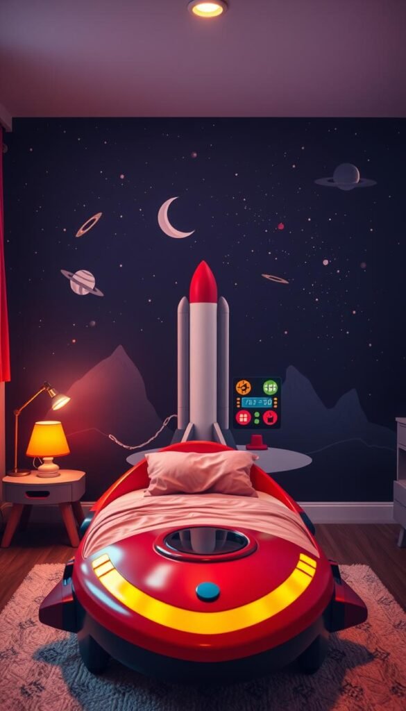 A cozy toddler's bedroom with a vibrant, rocket-themed design. In the foreground, a playful rocket ship-shaped bed, its sleek curves and vibrant colors evoking a sense of adventure. Flanking the bed, two tall, futuristic lamps emit a warm, ambient glow, casting a soft light across the space. The middle ground features a spacious play area, with a miniature launch pad complete with blinking lights and control panels, inviting the child to imagine their own space exploration. In the background, the walls are adorned with a mural depicting a starry night sky, complete with planets, comets, and a crescent moon, creating a captivating celestial atmosphere. The room is bathed in a soft, dreamlike lighting, evoking a sense of wonder and imagination.