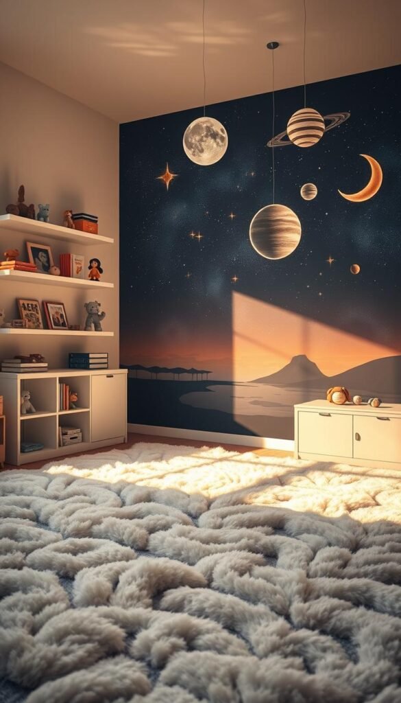 A cozy toddler's room bathed in soft, starry lighting. In the foreground, a fluffy rug resembling a galaxy, with swirling clouds of stardust. Floating shelves display a collection of space-themed toys and books, casting gentle shadows. In the middle ground, a mural depicts a cosmic landscape - distant planets, twinkling nebulae, and a crescent moon illuminating the scene. Hanging from the ceiling, a mobile of translucent planets and moons casts mesmerizing shadows on the walls. The overall atmosphere is one of wonder, enchantment, and a sense of adventure, perfect for a young explorer's imagination.