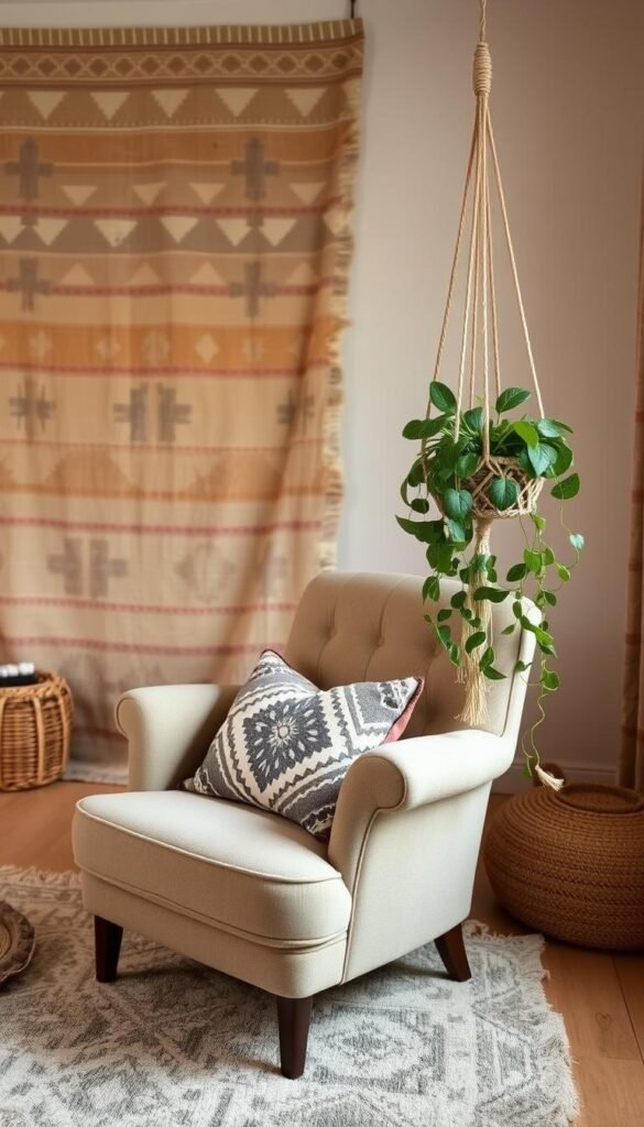 A cozy, well-lit boho nursery filled with a mix of mudcloth and kilim textiles in a neutral color palette. The background features a large, distressed kilim rug in warm tones of beige, tan, and gray, anchoring the space. In the foreground, a plush, tufted armchair is adorned with a mudcloth throw pillow, its intricate geometric patterns adding visual interest. Hanging on the wall, a woven macrame plant holder frames a lush, trailing houseplant. Soft, directional lighting casts a gentle glow, creating a serene, tranquil atmosphere. A cozy, well-lit boho nursery filled with a mix of mudcloth and kilim textiles in a neutral color palette. The background features a large, distressed kilim rug in warm tones of beige, tan, and gray, anchoring the space. In the foreground, a plush, tufted armchair is adorned with a mudcloth throw pillow, its intricate geometric patterns adding visual interest. Hanging on the wall, a woven macrame plant holder frames a lush, trailing houseplant. Soft, directional lighting casts a gentle glow, creating a serene, tranquil atmosphere.