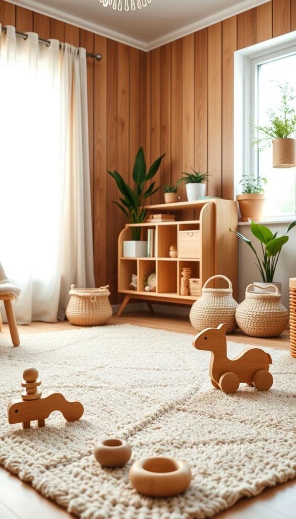 A cozy, well-lit boho-style nursery with a wooden accent wall. In the foreground, a collection of sustainable wooden toys, including a rattle, stacking rings, and a pull-along animal. Midground features a plush neutral-toned rug, a handcrafted wooden bookshelf, and a few woven baskets. The background showcases a large window letting in soft natural light, sheer curtains, and potted plants adding a natural, calming ambiance. The overall scene exudes a warm, organic, and serene atmosphere, perfect for a tranquil nursery space. A cozy, well-lit boho-style nursery with a wooden accent wall. In the foreground, a collection of sustainable wooden toys, including a rattle, stacking rings, and a pull-along animal. Midground features a plush neutral-toned rug, a handcrafted wooden bookshelf, and a few woven baskets. The background showcases a large window letting in soft natural light, sheer curtains, and potted plants adding a natural, calming ambiance. The overall scene exudes a warm, organic, and serene atmosphere, perfect for a tranquil nursery space.