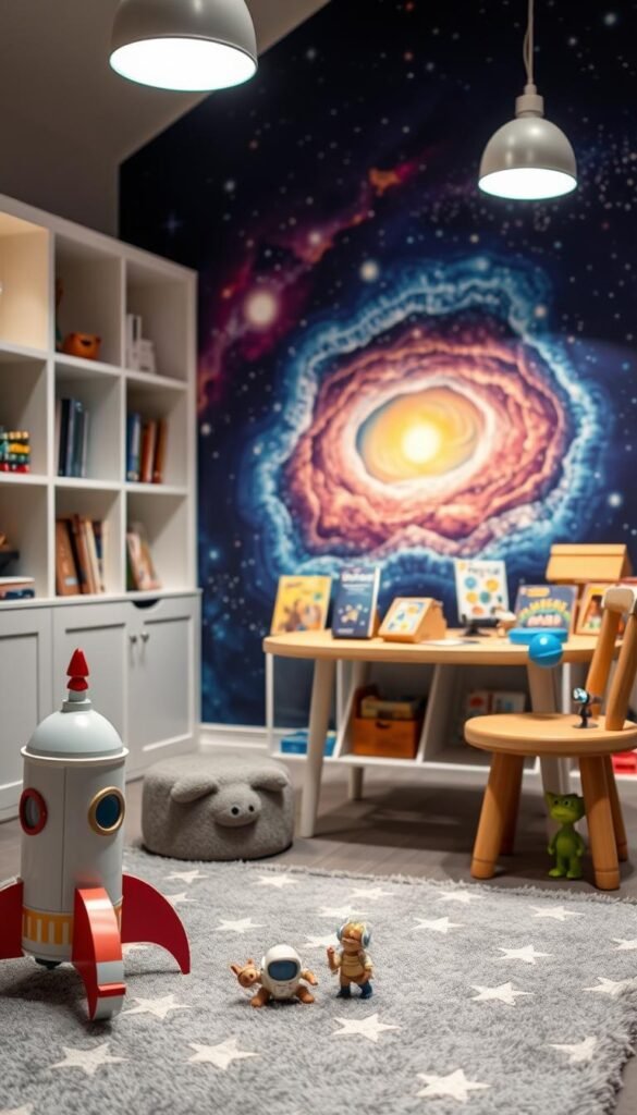 A cozy, well-lit toddler's space exploration play area. In the foreground, a miniature rocket ship and astronaut figurines adorn a plush, star-patterned rug. Nearby, a table with magnifying glasses, telescopes, and alien figurines invites little explorers to investigate the cosmos. The middle ground features built-in bookshelves stocked with space-themed children's books and educational toys. The background showcases a colorful mural depicting a vibrant, swirling galaxy, illuminated by a soft, diffused overhead lighting that casts a warm, dreamlike glow throughout the room.