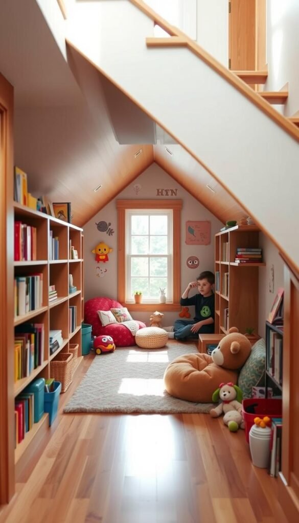 A cozy, well-lit under-stairs nook with a reading nook and play area for children. Warm wood tones, plush textiles, and cheerful pops of color create an inviting, imaginative hideaway. Bookshelves, beanbags, and toys fill the foreground, while natural light streams in from a window in the middle ground. The background features whimsical wall decals or artwork, evoking a sense of adventure and discovery. The space is designed to spark creativity and provide a comfortable, secluded spot for young minds to explore and unwind.