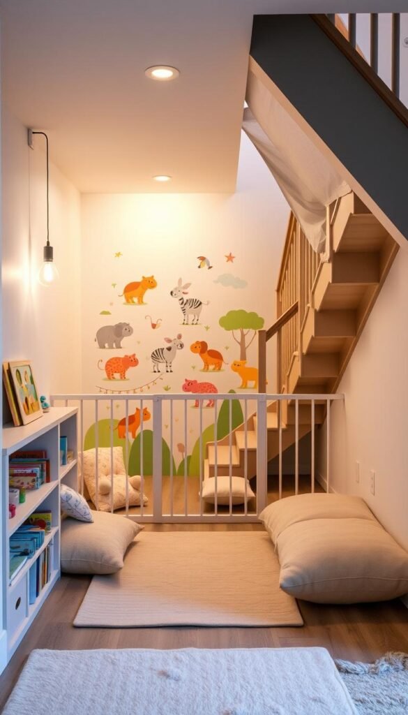 A cozy, well-lit under-stairs nook with plush cushions, fun toys, and essential childproofing elements. The foreground features a soft play mat, secured gate, and low shelves stocked with colorful books and educational puzzles. The middle ground showcases a cheerful wall mural depicting whimsical animals, complemented by subtle pendant lighting. In the background, the stairs are lined with sturdy railing and protective padding, creating a safe, inviting space for young explorers to discover and play. The overall scene conveys a sense of warmth, safety, and imagination, perfect for a child's hideaway.