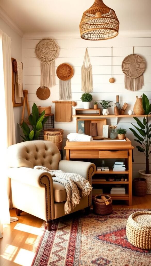 A cozy, well-organized boho nursery bathed in warm, natural light. In the foreground, a plush, tufted armchair with a chunky knit throw invites relaxation. Surrounding it, a variety of woven baskets, macrame wall hangings, and potted plants create a soothing, earthy ambiance. In the middle ground, a sturdy, wooden changing table with ample shelving provides practical storage solutions. The background features a shiplap accent wall, complemented by a boho-inspired rug and a rattan pendant light. The overall scene exudes a harmonious, lived-in feel, blending form and function seamlessly. A cozy, well-organized boho nursery bathed in warm, natural light. In the foreground, a plush, tufted armchair with a chunky knit throw invites relaxation. Surrounding it, a variety of woven baskets, macrame wall hangings, and potted plants create a soothing, earthy ambiance. In the middle ground, a sturdy, wooden changing table with ample shelving provides practical storage solutions. The background features a shiplap accent wall, complemented by a boho-inspired rug and a rattan pendant light. The overall scene exudes a harmonious, lived-in feel, blending form and function seamlessly.