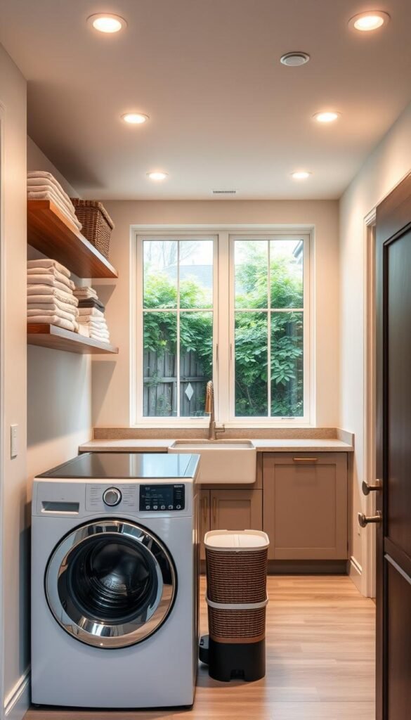 A cozy, well-organized laundry room with smart storage solutions. In the foreground, a front-loading washer and dryer sit side-by-side, their clean lines and muted colors complementing the room's minimalist aesthetic. Floating shelves above hold neatly folded linens and baskets for sorting. The middle ground features a compact utility sink and countertop, providing ample workspace for folding and prepping clothes. Soft, diffused lighting from recessed ceiling fixtures casts a warm glow, while large windows in the background offer natural illumination and a glimpse of a lush, verdant garden outside. The overall atmosphere conveys a sense of efficiency and tranquility, perfect for streamlining the laundry process. A cozy, well-organized laundry room with smart storage solutions. In the foreground, a front-loading washer and dryer sit side-by-side, their clean lines and muted colors complementing the room's minimalist aesthetic. Floating shelves above hold neatly folded linens and baskets for sorting. The middle ground features a compact utility sink and countertop, providing ample workspace for folding and prepping clothes. Soft, diffused lighting from recessed ceiling fixtures casts a warm glow, while large windows in the background offer natural illumination and a glimpse of a lush, verdant garden outside. The overall atmosphere conveys a sense of efficiency and tranquility, perfect for streamlining the laundry process.