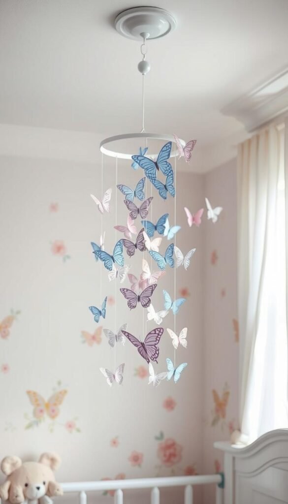A delicate butterfly mobile hangs above a dreamy nursery, its cascading 3D butterflies in shades of blue, pink, and lavender gracefully suspended from the ceiling. The mobile is illuminated by soft, warm lighting that casts a gentle glow, creating an enchanting, fairytale-like atmosphere. The nursery walls are painted in a soothing pastel palette, with whimsical floral accents complementing the ethereal butterfly theme. The scene is captured from a low angle, emphasizing the mobile's captivating three-dimensional presence and the sense of wonder it evokes. An idyllic, serene nursery that feels like a peaceful haven for a newborn.
