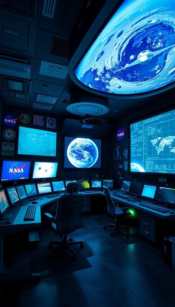 A dimly lit, high-tech NASA-inspired mission control room with banks of glowing computer screens, rows of sleek consoles, and a large projection screen displaying a live satellite feed. The room is bathed in a cool, blue-green glow from the displays, creating a sense of intensity and focus. The walls are adorned with vintage NASA posters, mission patches, and technical diagrams. Ergonomic chairs are positioned in front of the consoles, and the floor is covered in a black and white hexagonal pattern, reminiscent of a spacecraft's interior. The room exudes a sense of purpose, innovation, and the wonder of space exploration.