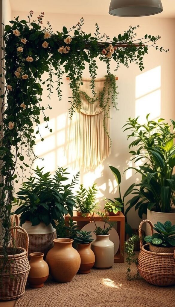 A lush, botanical nursery scene with an artistic, boho-inspired aesthetic. In the foreground, delicate floral vines and trailing greenery cascade down the walls, framing a serene, nature-inspired wall hanging or artwork. The middle ground features potted plants, ceramic vases, and woven baskets filled with leafy foliage, creating a layered, textural display. Soft, warm lighting filters through the space, casting a gentle glow and highlighting the organic, earthy tones. The background is a soothing, neutral palette, allowing the botanical elements to take center stage. Overall, the scene evokes a sense of tranquility, creativity, and a connection to the natural world, perfect for a boho-inspired girl's nursery.
