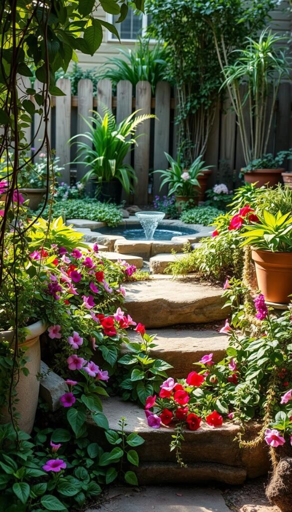 A lush, miniature garden nestled in a cozy backyard oasis. In the foreground, an array of vibrant flowers and trailing vines cascade over stone steps, inviting exploration. Soft, diffused sunlight filters through delicate foliage, casting gentle shadows and creating a serene, tranquil atmosphere. In the middle ground, a compact water feature gently bubbles, its soothing sounds complementing the verdant landscape. Surrounding the garden, a wooden fence and potted plants form a natural boundary, enhancing the sense of an intimate, hidden retreat. The overall composition conveys a sense of harmony, balance, and year-round maintenance for a small backyard paradise. A lush, miniature garden nestled in a cozy backyard oasis. In the foreground, an array of vibrant flowers and trailing vines cascade over stone steps, inviting exploration. Soft, diffused sunlight filters through delicate foliage, casting gentle shadows and creating a serene, tranquil atmosphere. In the middle ground, a compact water feature gently bubbles, its soothing sounds complementing the verdant landscape. Surrounding the garden, a wooden fence and potted plants form a natural boundary, enhancing the sense of an intimate, hidden retreat. The overall composition conveys a sense of harmony, balance, and year-round maintenance for a small backyard paradise.