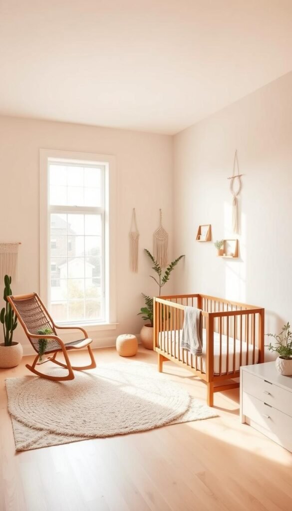 A minimalist, yet cozy boho nursery with clean lines and a modern twist. The focal point is a large, airy window that floods the room with natural light. A plush, neutral-toned area rug anchors the space, complemented by a mid-century modern rocking chair and a sleek, wood-framed crib. Delicate macrame wall hangings and potted plants add organic, textural elements, while a subtle, geometric-patterned accent wall provides visual interest. The overall atmosphere is calming and serene, with a palette of soft whites, beiges, and muted greens. Soft, diffused lighting casts a warm glow throughout the room, creating an inviting and tranquil environment. A minimalist, yet cozy boho nursery with clean lines and a modern twist. The focal point is a large, airy window that floods the room with natural light. A plush, neutral-toned area rug anchors the space, complemented by a mid-century modern rocking chair and a sleek, wood-framed crib. Delicate macrame wall hangings and potted plants add organic, textural elements, while a subtle, geometric-patterned accent wall provides visual interest. The overall atmosphere is calming and serene, with a palette of soft whites, beiges, and muted greens. Soft, diffused lighting casts a warm glow throughout the room, creating an inviting and tranquil environment.
