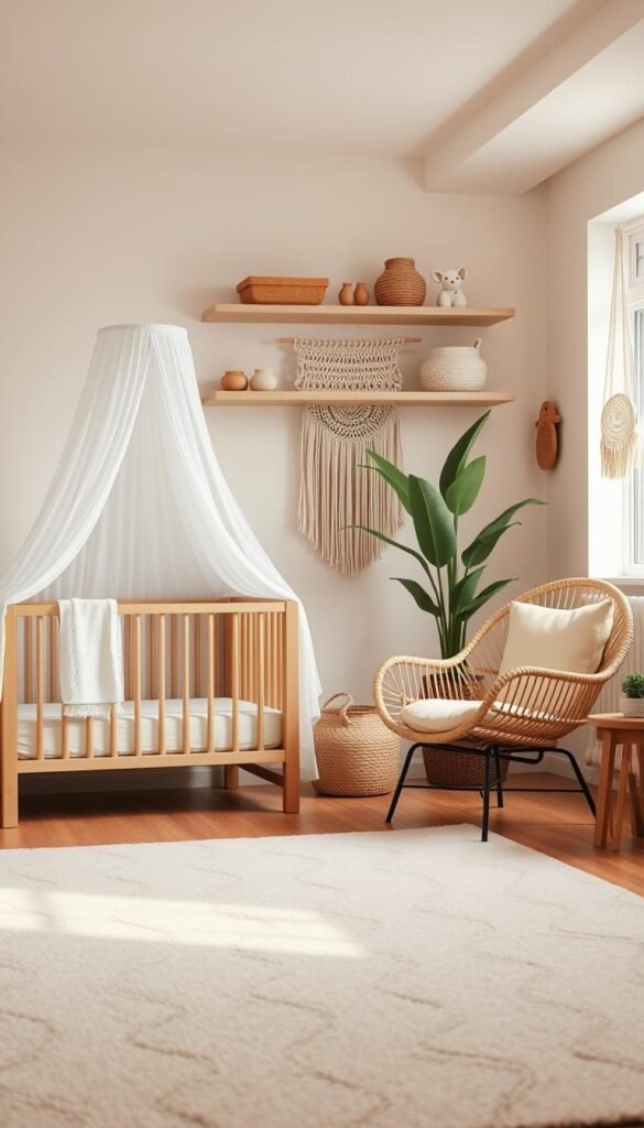 A serene and natural boho-inspired nursery, bathed in warm, diffused lighting from a large window. In the foreground, a plush area rug with a subtle geometric pattern lays the foundation. Midground features a crib with a minimalist, wooden frame adorned with a flowing white canopy. Nearby, a natural rattan chair with a cozy cushion invites relaxation. In the background, a large potted plant and a macrame wall hanging add organic texture and a sense of tranquility. Shelves display earthy ceramics, woven baskets, and a few select toys. An overall neutral palette of beige, cream, and wood tones creates a calming, inviting atmosphere perfect for a modern boho nursery. A serene and natural boho-inspired nursery, bathed in warm, diffused lighting from a large window. In the foreground, a plush area rug with a subtle geometric pattern lays the foundation. Midground features a crib with a minimalist, wooden frame adorned with a flowing white canopy. Nearby, a natural rattan chair with a cozy cushion invites relaxation. In the background, a large potted plant and a macrame wall hanging add organic texture and a sense of tranquility. Shelves display earthy ceramics, woven baskets, and a few select toys. An overall neutral palette of beige, cream, and wood tones creates a calming, inviting atmosphere perfect for a modern boho nursery.