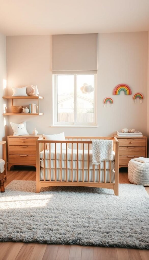 A serene and well-balanced nursery with muted neutral tones and delicate rainbow accents. The soft, warm lighting casts a gentle glow, creating a cozy and tranquil atmosphere. In the foreground, a wooden crib with crisp white linens sits atop a plush gray rug. Surrounding it, a mix of natural wood furniture and floating shelves displaying rainbow-hued decor, such as pastel throw pillows, a rainbow mobile, and whimsical wall hangings. In the middle ground, a large window filters in natural light, illuminating the space. The background features a neutral-toned accent wall, complemented by a soothing color palette of blues, greens, and beiges, preventing the rainbow elements from becoming overwhelming. An inviting and harmonious nursery that strikes the perfect balance between tranquility and playfulness.