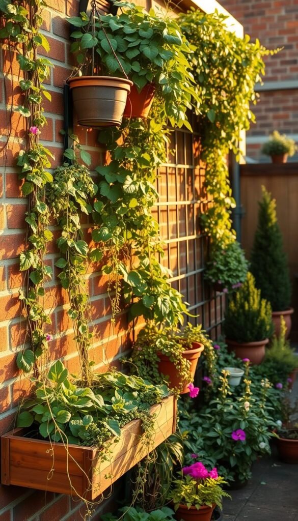 A small, lush vertical garden cascading down a brick wall, filled with a variety of trailing vines, hanging baskets, and potted plants. The scene is bathed in warm, golden afternoon light, creating a cozy, inviting atmosphere. In the foreground, delicate tendrils and vibrant flowers spill over the edges of wooden planters, while in the middle ground, a trellis supports a thriving display of leafy greens and colorful blooms. The background features a mix of potted shrubs and small trees, creating depth and a sense of enclosure. The overall composition emphasizes the clever use of vertical space to maximize the potential of a limited backyard area. A small, lush vertical garden cascading down a brick wall, filled with a variety of trailing vines, hanging baskets, and potted plants. The scene is bathed in warm, golden afternoon light, creating a cozy, inviting atmosphere. In the foreground, delicate tendrils and vibrant flowers spill over the edges of wooden planters, while in the middle ground, a trellis supports a thriving display of leafy greens and colorful blooms. The background features a mix of potted shrubs and small trees, creating depth and a sense of enclosure. The overall composition emphasizes the clever use of vertical space to maximize the potential of a limited backyard area.