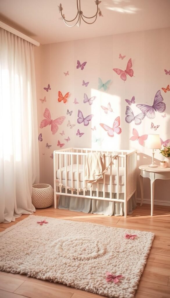 A soft, dreamy butterfly nursery with pastel hues and delicate decorative accents. In the foreground, a cozy crib is adorned with sheer curtains and a mobile of whimsical butterfly shapes. The middle ground features a plush rug in a muted floral pattern, flanked by a delicate butterfly garland and a vintage-inspired side table. The background showcases a mural of butterflies in flight, their wings in shades of pink, lavender, and mint. Gentle lighting casts a warm, natural glow, evoking a sense of tranquility and enchantment. The overall atmosphere is one of soothing comfort and magical wonder, perfect for a little one's butterfly-themed nursery.