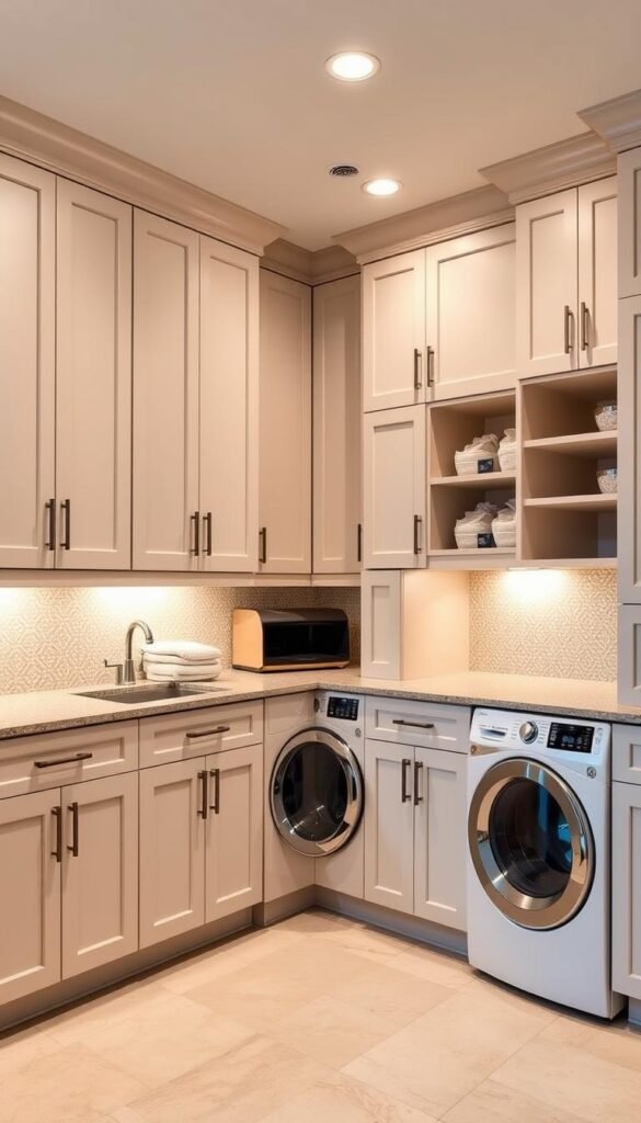 A spacious, well-organized laundry room with sleek, modern cabinets in a soft, neutral color palette. The cabinets feature clean lines, minimalist hardware, and ample storage space for laundry essentials. Warm, diffused lighting from recessed fixtures illuminates the room, creating a cozy and inviting atmosphere. The cabinets are arranged in a U-shape, optimizing the available floor space and allowing for efficient workflow. Subtle textures, such as a patterned backsplash or a natural stone countertop, add visual interest and depth to the design. The overall impression is one of functionality, style, and thoughtful storage solutions that elevate the laundry room experience. A spacious, well-organized laundry room with sleek, modern cabinets in a soft, neutral color palette. The cabinets feature clean lines, minimalist hardware, and ample storage space for laundry essentials. Warm, diffused lighting from recessed fixtures illuminates the room, creating a cozy and inviting atmosphere. The cabinets are arranged in a U-shape, optimizing the available floor space and allowing for efficient workflow. Subtle textures, such as a patterned backsplash or a natural stone countertop, add visual interest and depth to the design. The overall impression is one of functionality, style, and thoughtful storage solutions that elevate the laundry room experience.