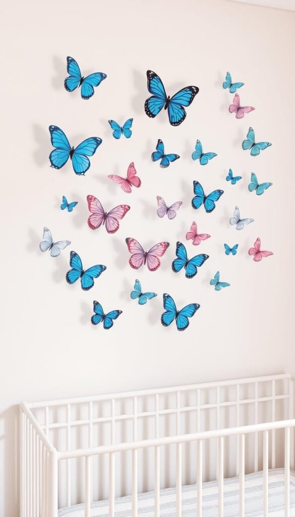 A stunning 3D flight formation of delicate butterfly wall decals adorning a serene nursery wall. The butterflies, in various hues of vibrant blues, soft pinks, and gentle greens, appear to be in graceful motion, their wings gently fluttering as if caught in a gentle breeze. The lighting is soft and diffused, creating a dreamlike atmosphere that evokes a sense of whimsy and enchantment. The decals are meticulously detailed, with intricate patterns and textures that add depth and dimension to the scene. The composition is balanced and harmonious, drawing the viewer's eye into the captivating display of nature's beauty.