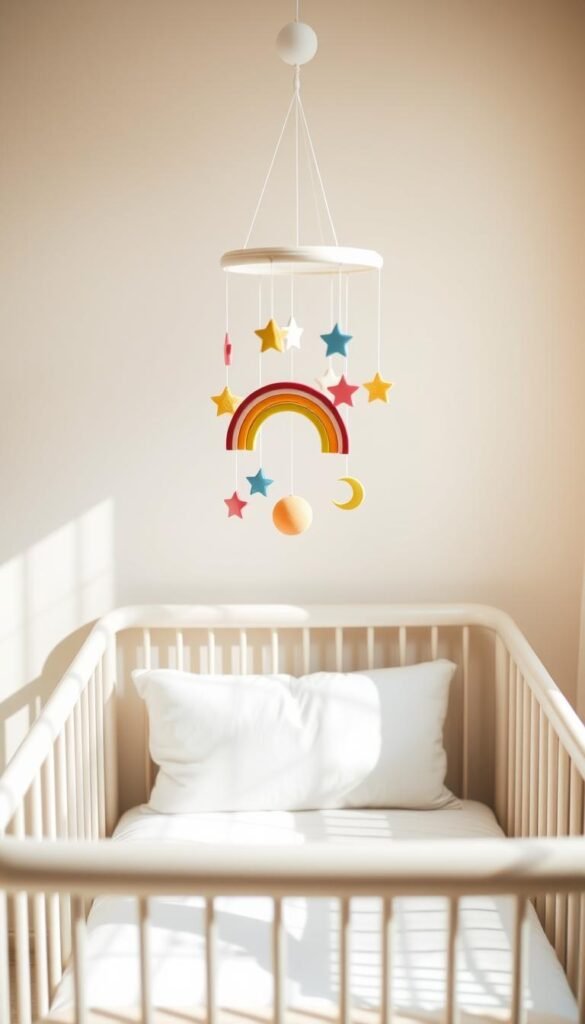 A tranquil nursery with a whimsical rainbow mobile gently swaying above a cozy crib. The crib is positioned in a warm, sunlit room with soft, pastel-colored walls. The mobile features an array of rainbow-hued wooden shapes - stars, circles, and crescents - suspended from delicate white strings, casting colorful reflections on the crib's ivory linens. The lighting is soft and diffused, creating a serene, dreamlike atmosphere. The camera angle is slightly elevated, capturing the mobile's graceful movement and the overall harmony of the space. This charming scene invites feelings of joy, comfort, and childhood wonder.