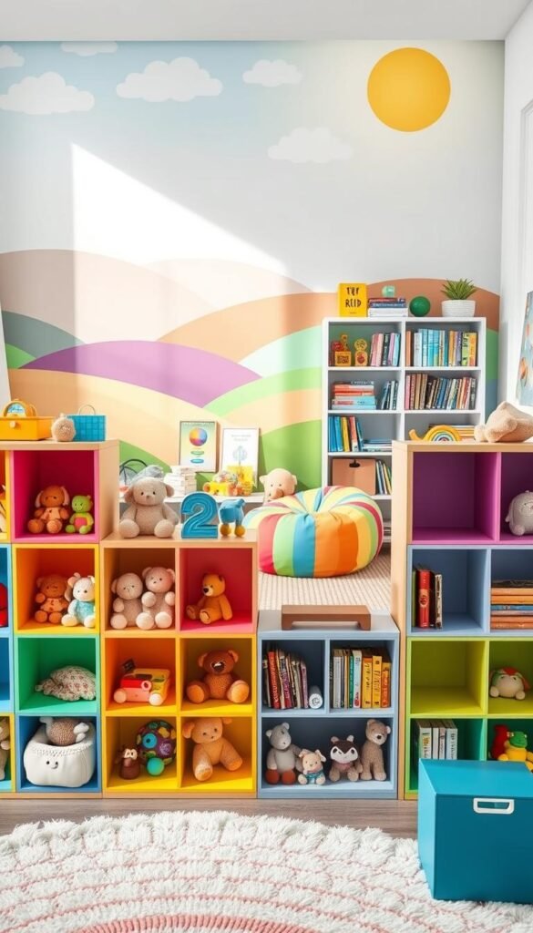 A vibrant nursery filled with whimsical, rainbow-hued toy storage solutions. In the foreground, a series of modular shelves in a spectrum of pastel colors, each compartment housing a variety of plush toys, wooden blocks, and educational puzzles. Midground, a cozy reading nook with a fluffy rug and a bookshelf overflowing with children's literature, complemented by a playful, rainbow-striped beanbag chair. The background features a cheerful mural depicting rolling hills, fluffy clouds, and a shining sun, casting a warm, natural glow throughout the space. The overall atmosphere is one of boundless creativity, joy, and organization, perfect for a growing child's development and exploration.