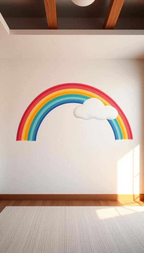 A vibrant rainbow mural adorns the wall of a modern, minimalist nursery. Warm, soft lighting casts a gentle glow, illuminating the playful, fluid brushstrokes in a spectrum of vivid hues. In the foreground, a whimsical cloud formation dances across the surface, adding depth and movement. The middle ground features a serene, geometric pattern that complements the organic shapes, while the background showcases a subtly textured, neutral tone that allows the colors to pop. The overall atmosphere is one of wonder, creativity, and joy - a perfect backdrop for a child's imagination to thrive.