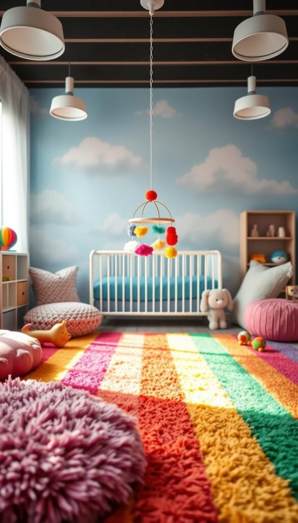 A vibrant rainbow palette cascades across a cozy nursery setting, creating a joyful and harmonious atmosphere. The foreground features plush rugs, pillows, and toys in a spectrum of vivid hues, inviting playful exploration. The middle ground showcases a cheerful mobile with dangling rainbow-colored shapes, casting a warm glow throughout the space. In the background, a serene mural depicts fluffy clouds against a soft blue sky, evoking a sense of whimsy and wonder. Soft, diffused lighting from overhead fixtures and natural sunlight filters in, enhancing the tranquil and nurturing ambiance. The overall composition exudes a sense of comfort, creativity, and positivity - the perfect haven for a growing, curious mind.