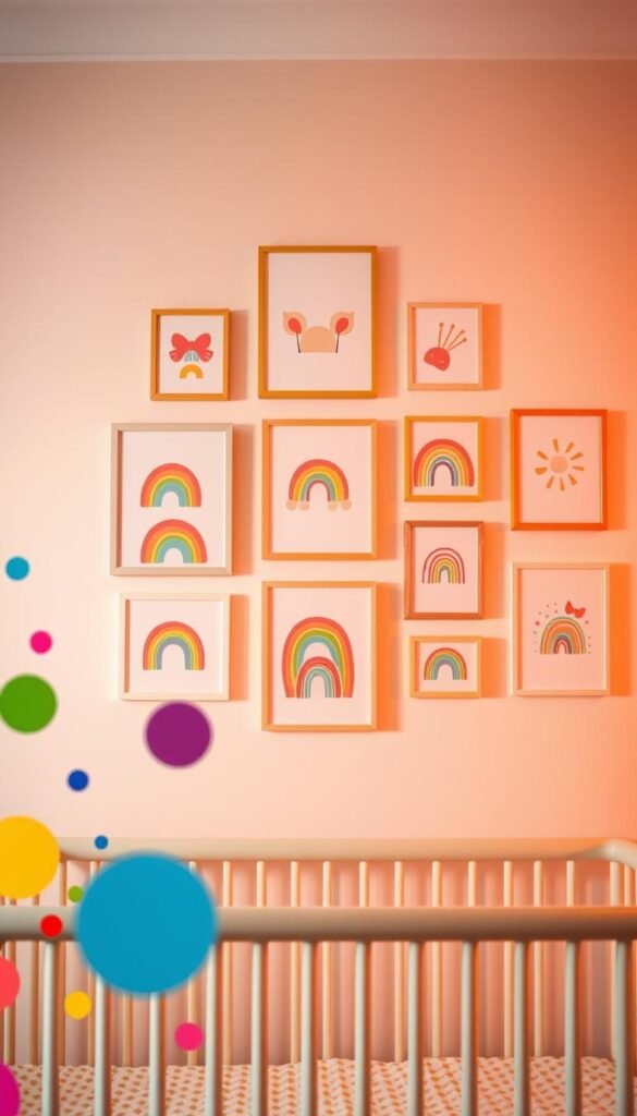 A vibrant rainbow-themed nursery wall, featuring a delightful array of framed art pieces. In the foreground, whimsical rainbow-colored shapes and patterns dance across the canvas, creating a playful and joyful atmosphere. The middle ground showcases a collection of framed prints, each depicting a different rainbow-inspired motif, such as abstract shapes, geometric designs, or whimsical illustrations of animals or nature. The background is a soft, pastel-hued wall, providing a serene and calming backdrop that allows the vibrant artwork to truly shine. The lighting is warm and inviting, creating a cozy and inviting ambiance, perfect for a child's nursery. The overall composition is balanced and visually engaging, capturing the essence of a cheerful and imaginative rainbow-themed space.