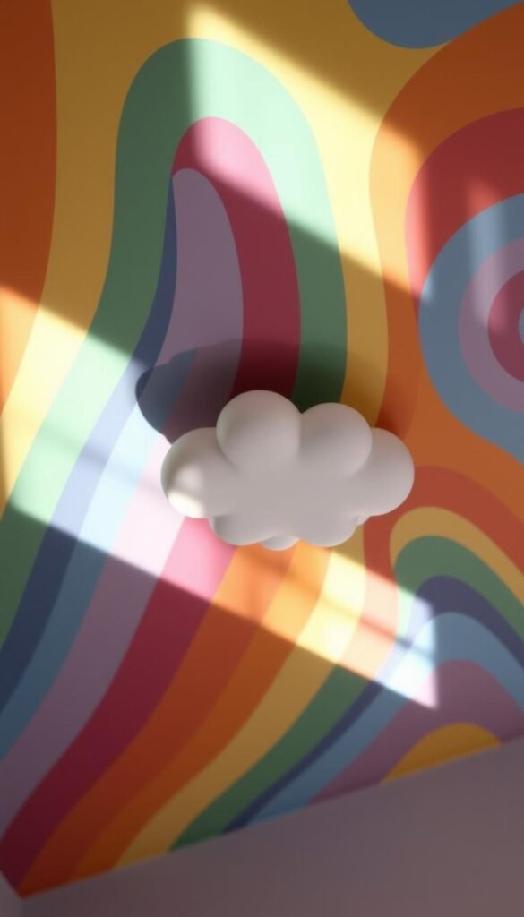 A vibrant, whimsical rainbow-themed nursery ceiling, bathed in soft, natural lighting. The central focus is a playful cloud design, rendered in shades of white and grey, gently floating against a backdrop of multicolored, undulating rainbow stripes. The colors are vivid yet harmonious, creating a sense of warmth and wonder. The lighting is indirect, with a subtle, diffused glow that casts a soothing ambiance throughout the space. The perspective is slightly elevated, allowing the viewer to fully appreciate the intricate details and the overall enchanting atmosphere of this magical, dreamlike nursery setting.