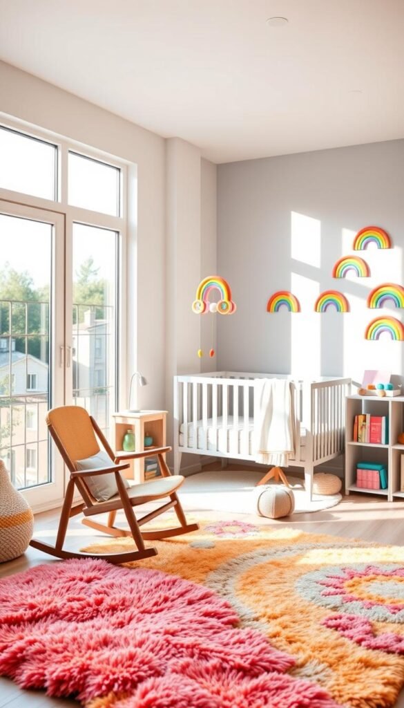 A warm, inviting modern rainbow nursery with natural light flooding through large windows. The foreground features a plush, colorful rug, a wooden rocking chair, and a variety of pastel-hued toys and books neatly arranged on a minimalist shelving unit. The middle ground showcases a vibrant, whimsical mobile hanging above a neutral-toned crib, while the background depicts playful rainbow-themed wall decals or artwork. The overall atmosphere is one of joy, comfort, and creativity, capturing the latest 2023 trends in nursery design.