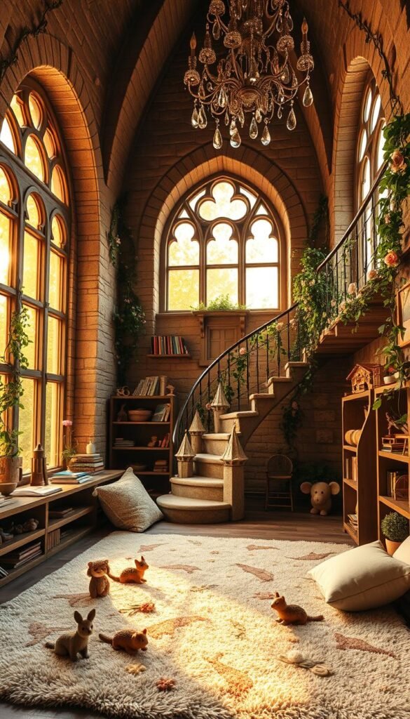 A whimsical fairy tale castle playroom set beneath a grand staircase. Warm, golden light filters through large arched windows, casting a cozy glow over the space. In the foreground, a plush rug adorned with enchanting forest creatures invites children to lounge and play. Delicate vines and blooming flowers crawl up the stone walls, creating a lush, magical ambiance. Shelves are lined with storybooks, wooden toys, and ornate music boxes. Tucked in the corner, a cozy reading nook with plush pillows and a miniature castle-shaped bookshelf. Overhead, a chandelier of twinkling lights and dangling crystals adds a touch of elegant fantasy. The scene evokes a sense of wonder and imagination, a whimsical hideaway for young adventurers.