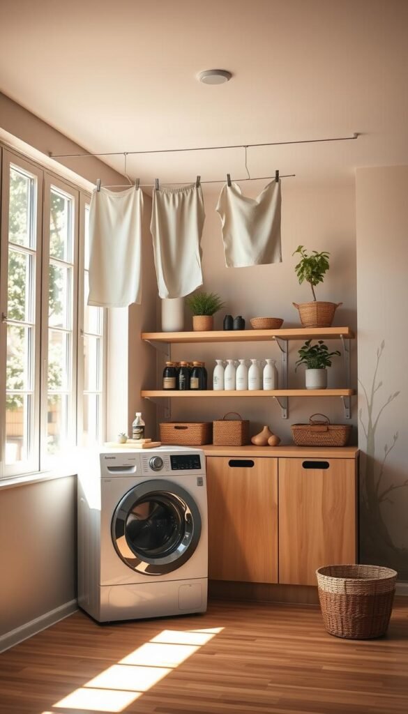 An eco-friendly laundry room with natural lighting streaming through large windows, casting a warm glow on the minimalist yet functional design. In the foreground, a front-loading washer and dryer pair in a sleek, energy-efficient design. Hanging above, a clothesline for air-drying clothes. The middle ground showcases wooden shelves holding organic detergents and cleaning supplies, complemented by potted plants and natural fiber baskets. The background features a muted color palette of earthy tones, with bamboo flooring and a calming, nature-inspired wall mural. The overall atmosphere exudes a sense of tranquility and environmental consciousness. An eco-friendly laundry room with natural lighting streaming through large windows, casting a warm glow on the minimalist yet functional design. In the foreground, a front-loading washer and dryer pair in a sleek, energy-efficient design. Hanging above, a clothesline for air-drying clothes. The middle ground showcases wooden shelves holding organic detergents and cleaning supplies, complemented by potted plants and natural fiber baskets. The background features a muted color palette of earthy tones, with bamboo flooring and a calming, nature-inspired wall mural. The overall atmosphere exudes a sense of tranquility and environmental consciousness.