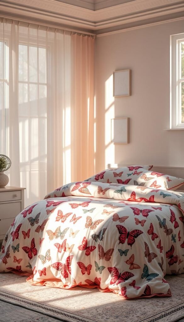 An elegantly designed butterfly nursery bedding, featuring a lush, colorful pattern of delicate butterfly silhouettes fluttering against a soft, pastel background. The bedding is positioned in a sun-dappled room, captured with a warm, dreamlike lighting that casts gentle shadows and highlights the intricate textile details. The camera angles showcase the bedding from multiple perspectives, showcasing the three-dimensional depth and texture of the material. The overall mood is one of whimsical enchantment, transporting the viewer to a serene, fairytale-inspired nursery space.