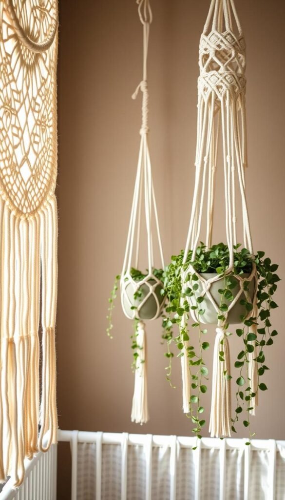 An intimate and tranquil macramé nursery scene, bathed in soft, natural light. In the foreground, intricate ivory macramé wall hangings with delicate woven patterns cascade gracefully, their organic textures and shapes creating a soothing, bohemian ambiance. In the middle ground, a handcrafted macramé plant holder suspends a lush, trailing potted plant, its verdant foliage complementing the neutral color palette. The background features a muted, earthy-toned wall, providing a serene and calming backdrop for the natural fiber decor. The overall scene exudes a sense of warmth, balance, and rustic sophistication, perfectly capturing the essence of a tranquil, bohemian-inspired nursery space. Prompt An intimate and tranquil macramé nursery scene, bathed in soft, natural light. In the foreground, intricate ivory macramé wall hangings with delicate woven patterns cascade gracefully, their organic textures and shapes creating a soothing, bohemian ambiance. In the middle ground, a handcrafted macramé plant holder suspends a lush, trailing potted plant, its verdant foliage complementing the neutral color palette. The background features a muted, earthy-toned wall, providing a serene and calming backdrop for the natural fiber decor. The overall scene exudes a sense of warmth, balance, and rustic sophistication, perfectly capturing the essence of a tranquil, bohemian-inspired nursery space. Prompt