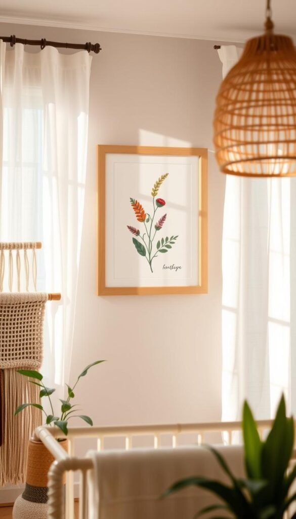 Calm, neutral-toned boho nursery with handmade personalized wall art. A natural wood frame features a hand-painted botanical illustration in soft earth tones, accented with touches of terracotta and sage. Sunlight filters through sheer curtains, casting a warm glow over the space. In the foreground, a woven wall hanging in muted tones complements the artwork. Potted plants and a rattan pendant light add organic texture to the serene, cozy ambiance. The overall vibe is one of rustic, earthy elegance - a beautiful, personalized space for a newborn. Calm, neutral-toned boho nursery with handmade personalized wall art. A natural wood frame features a hand-painted botanical illustration in soft earth tones, accented with touches of terracotta and sage. Sunlight filters through sheer curtains, casting a warm glow over the space. In the foreground, a woven wall hanging in muted tones complements the artwork. Potted plants and a rattan pendant light add organic texture to the serene, cozy ambiance. The overall vibe is one of rustic, earthy elegance - a beautiful, personalized space for a newborn.