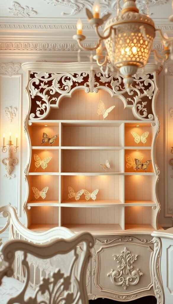 Elegant butterfly nursery furniture with intricate, decorative shelving in a soft, pastel color palette. The shelving features delicate butterfly motifs carved into the wood, creating a dreamlike, whimsical atmosphere. Warm, diffused lighting from sconces and a central chandelier casts a warm glow, complementing the gentle, natural tones. The furniture has a vintage, heirloom-like quality, with ornate details and flowing, organic lines. The overall scene evokes a sense of enchantment and fantasy, perfect for a serene, butterfly-themed nursery.