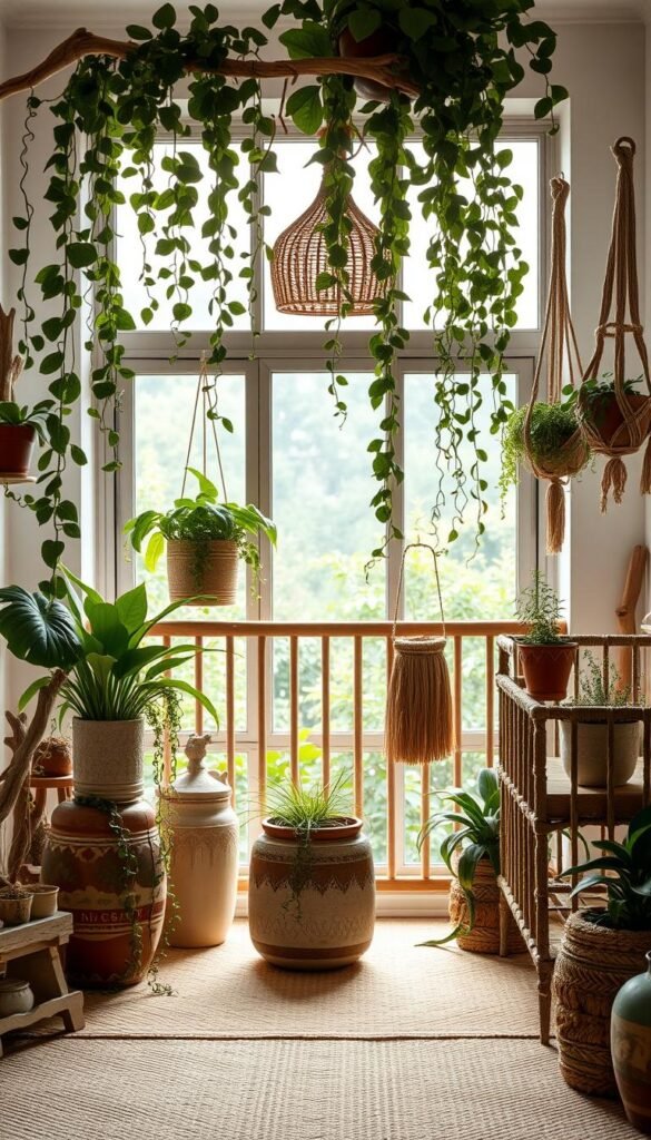 Lush botanical nursery decor with trailing vines, cascading potted plants, and natural driftwood accents. Warm, diffused lighting illuminates the earthy color palette and rustic textures. Vintage-inspired ceramic planters and woven macrame hangers add bohemian charm. The scene is framed by a large window overlooking a tranquil garden, creating a serene, nature-inspired atmosphere. Soft, hazy focus on the foreground elements, with the background gently blurred to draw the eye inward. Overall, a harmonious, soothing vision of a nature-inspired boho nursery. Lush botanical nursery decor with trailing vines, cascading potted plants, and natural driftwood accents. Warm, diffused lighting illuminates the earthy color palette and rustic textures. Vintage-inspired ceramic planters and woven macrame hangers add bohemian charm. The scene is framed by a large window overlooking a tranquil garden, creating a serene, nature-inspired atmosphere. Soft, hazy focus on the foreground elements, with the background gently blurred to draw the eye inward. Overall, a harmonious, soothing vision of a nature-inspired boho nursery.