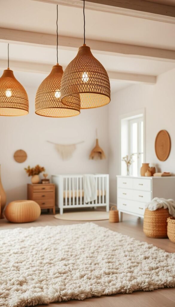 Rattan pendant lights suspended from a neutral boho-inspired nursery ceiling, casting a warm, ambient glow over a cozy, earthy space. In the foreground, a plush area rug in natural tones anchors the room, complemented by neutral-colored furniture and soft textiles. The middle ground showcases a minimalist crib and dresser, accented with woven baskets and natural wood accents. In the background, whitewashed walls provide a serene backdrop, with a large window allowing natural light to filter in, creating a calming and relaxing atmosphere. Rattan pendant lights suspended from a neutral boho-inspired nursery ceiling, casting a warm, ambient glow over a cozy, earthy space. In the foreground, a plush area rug in natural tones anchors the room, complemented by neutral-colored furniture and soft textiles. The middle ground showcases a minimalist crib and dresser, accented with woven baskets and natural wood accents. In the background, whitewashed walls provide a serene backdrop, with a large window allowing natural light to filter in, creating a calming and relaxing atmosphere.