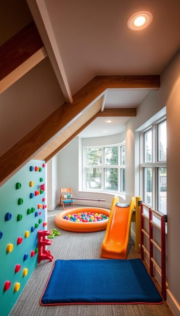 Under-stairs playground with active play elements: a cozy nook transformed into a vibrant, adventure-filled hideaway. In the foreground, a colorful climbing wall, monkey bars, and a slide invite energetic exploration. The middle ground features a ball pit and balance beam, beckoning young adventurers to test their skills. Soft, diffused lighting from recessed fixtures above casts a warm, inviting glow, while large windows in the background flood the space with natural light. The overall atmosphere is one of joyful, imaginative play, where children can immerse themselves in a world of active discovery beneath the stairs.