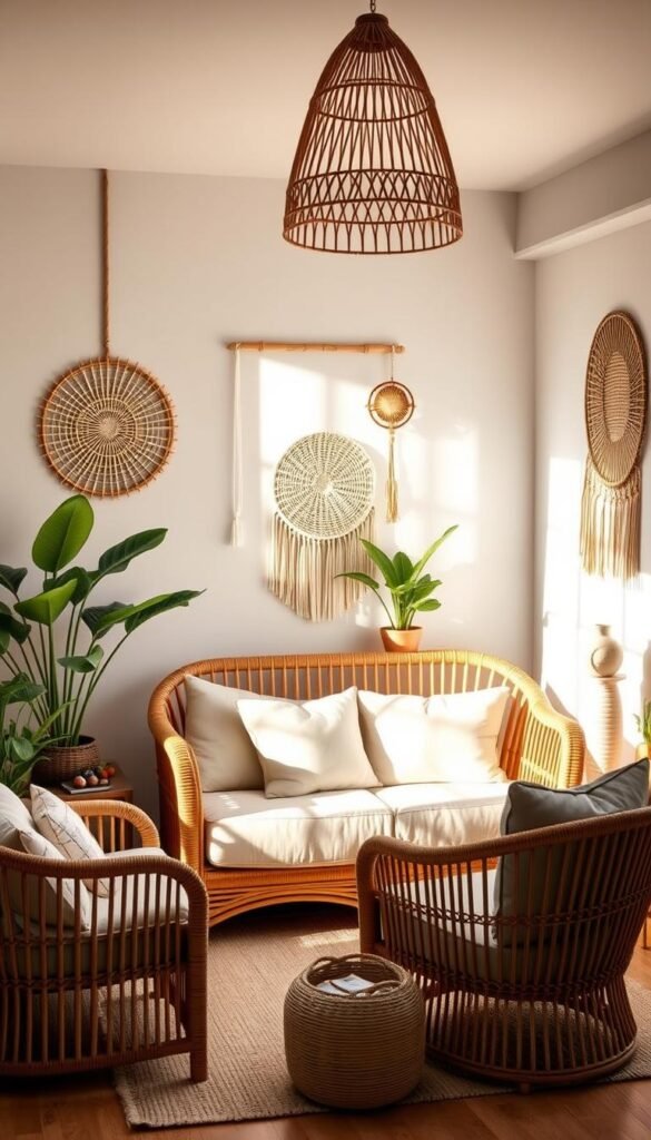 Warm, diffused lighting illuminates a cozy nursery setting featuring an array of rattan and wicker furniture in a soothing neutral color palette. A plush rattan loveseat with soft, oversized cushions takes center stage, flanked by a matching rattan armchair and a rattan side table. Delicate wicker wall hangings and a woven rattan pendant light add natural, bohemian flair, while lush potted plants and soft, earthy textiles create a serene, inviting atmosphere. The overall aesthetic exudes timeless, tranquil appeal, perfect for a calm and stylish nursery space. Warm, diffused lighting illuminates a cozy nursery setting featuring an array of rattan and wicker furniture in a soothing neutral color palette. A plush rattan loveseat with soft, oversized cushions takes center stage, flanked by a matching rattan armchair and a rattan side table. Delicate wicker wall hangings and a woven rattan pendant light add natural, bohemian flair, while lush potted plants and soft, earthy textiles create a serene, inviting atmosphere. The overall aesthetic exudes timeless, tranquil appeal, perfect for a calm and stylish nursery space.