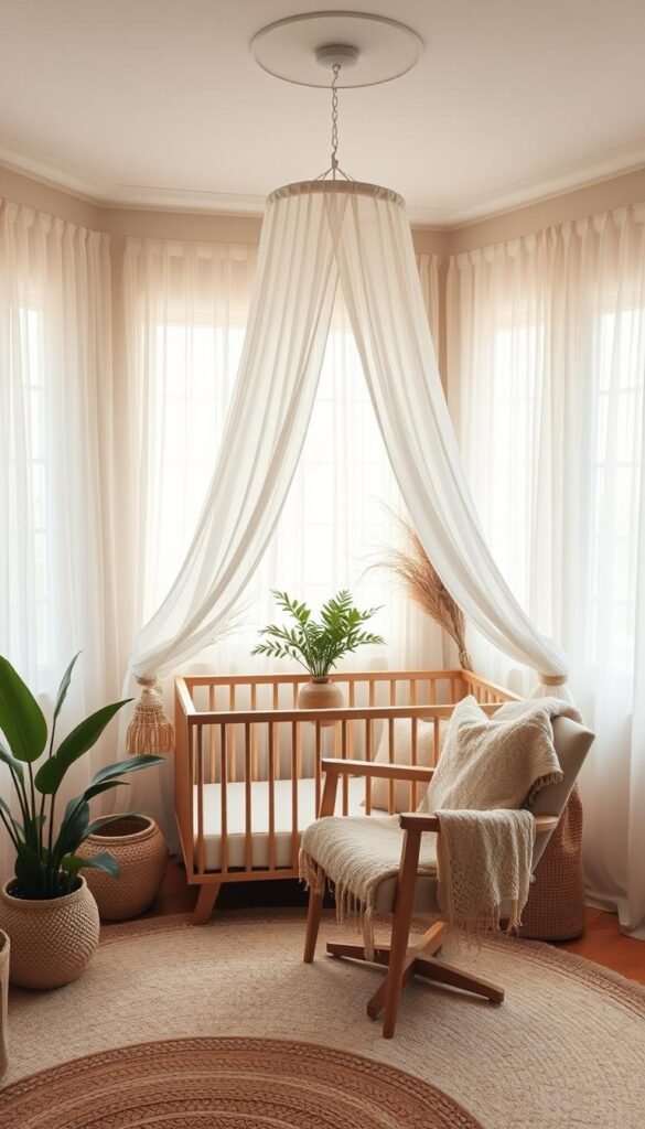 a dreamy, soft-focus neutral boho nursery interior with sheer, flowing canopy curtains drifting gently over a natural wood crib and armchair. Warm, diffuse lighting filters through gauzy window treatments, creating a cozy, serene atmosphere. Lush potted plants and natural fiber accents add earthy, calming touches. The space has a hazy, atmospheric quality, with a sense of tranquility and comfort. Minimal color palette of creams, tans, and warm browns. High angle perspective to capture the full scene. a dreamy, soft-focus neutral boho nursery interior with sheer, flowing canopy curtains drifting gently over a natural wood crib and armchair. Warm, diffuse lighting filters through gauzy window treatments, creating a cozy, serene atmosphere. Lush potted plants and natural fiber accents add earthy, calming touches. The space has a hazy, atmospheric quality, with a sense of tranquility and comfort. Minimal color palette of creams, tans, and warm browns. High angle perspective to capture the full scene.